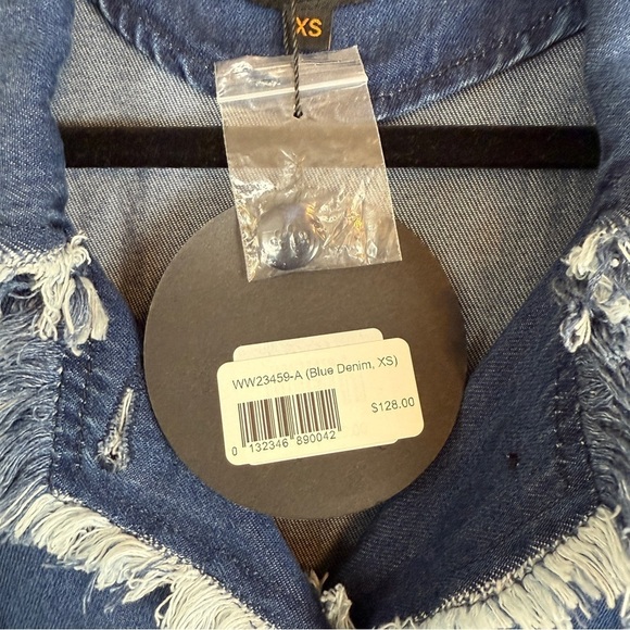 Metallic Blue Denim Maxi Dress Fringe Edging Full Front Button Down Tie Waist - Picture 7 of 9